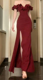 Elegant Sheath Off The Shoulder Burgundy Satin Slit Fold Prom Dresses Long Evening Dress HZ1024