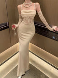 Elegant Sheath Spaghetti Straps Ivory Lace Fold Prom Dresses Long Evening Dress With Gloves HZ1024
