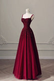 Elegant A Line Spaghetti Straps Burgundy Sequin Prom Dresses Long Evening Dress With Beads HZ1024