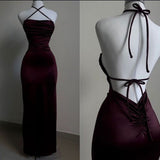 Elegant Sheath Halter Sleeveless Burgundy Satin Backless Prom Dresses Long Evening Dress HZ1024