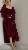 Elegant A Line Square Neckline Burgundy Chiffon Prom Dresses Long Sleeves Evening Dress HZ1024