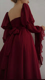 Elegant A Line Square Neckline Burgundy Chiffon Prom Dresses Long Sleeves Evening Dress HZ1024