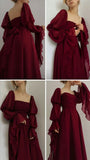 Elegant A Line Square Neckline Burgundy Chiffon Prom Dresses Long Sleeves Evening Dress HZ1024