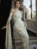 Cute A line Off The Shoulder Long Sleeves Ivory Prom Dresses Long Evening Dress HZ1024