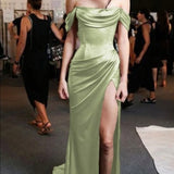 Elegant Sheath Off The Shoulder Mint Green Slit Prom Dresses With Ruffle Long Evening Dress HZ1024