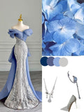 Elegant Mermaid Off The Shoulder Blue Sequin Prom Dresses With Bow Long Evening Dress HZ1024