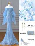 Elegant Mermaid Off The Shoulder Blue Prom Dresses With Ruffle Long Sleeves Evening Dress HZ1024