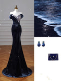 Elegant Mermaid Off The Shoulder Navy Blue Prom Dresses With Ruffle Long Sleeves Evening Dress HZ1024