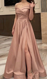 Elegant A line Off The Shoulder Dusty Pink Prom Dresses With Ruffle Long Slit Evening Dress HZ1024