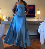 Elegant Sheath Strapless Blue Satin Prom Dresses With Ribbon Long Slit Evening Dress HZ1024