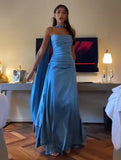 Elegant Sheath Strapless Blue Satin Prom Dresses With Ribbon Long Slit Evening Dress HZ1024