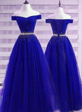 Pretty A line Off The Shoulder Royal Blue Tulle Prom Dresses With Beads Long Evening Dress HZ1024