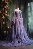 Vintage Ball Gown Off The Shoulder Tulle Lilac Prom Dresses Long Sleeves Evening Dress HZ1024