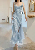 Elegant Sheath Spaghetti Straps Light Sky Blue Chiffon Prom Dresses With Flower Slit Evening Dress HZ1024