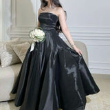 Modest Ball Gown Strapless Black Satin Long Prom Dresses With Ruffles Evening Dress HZ1024