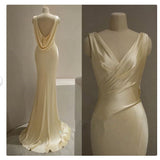 Pretty Mermaid V Neckline Yellow Satin Prom Dresses With Ruffle Long Evening Dress HZ1024