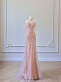 Pretty Mermaid Sweetheart Pink Sequin Prom Dresses With Ruffle Long Evening Dress HZ1024