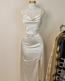 Pretty A Line Spaghetti Straps Ivory Slit Silk Satin Prom Dresses Long Evening Dress HZ1024