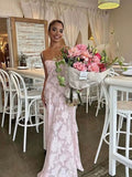 Pretty Mermaid Spaghetti Straps Light Pink Lace Prom Dresses Long Evening Dress HZ1024