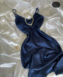 Pretty A Line Spaghetti Straps Navy Blue Silk Satin Prom Dresses Long Evening Dress HZ1024