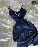 Pretty A Line Spaghetti Straps Navy Blue Silk Satin Prom Dresses Long Evening Dress HZ1024