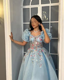 Pretty Ball Gown Sweetheart Short Puffy Sleeves Light Sky Blue Prom Dresses Long Evening Dress HZ1024
