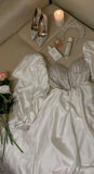 Fancy A Line Sweetheart Long Sleeves White Satin Prom Dresses Evening Dress With Beads HZ1024