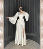 Fancy A Line V Neckline Long Sleeves White Satin Prom Dresses Evening Dress With Slit HZ1024