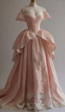 Gorgeous Ball Gown Off The Shoulder Pink Satin Lace Long Prom Dresses Evening Dress HZ1024
