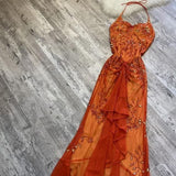 Gorgeous Mermaid Halter Orange Long Tulle Prom Dresses Beads Evening Dress HZ1024