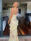 Elegant Mermaid Spaghetti Straps Yellow Chiffon Long Lace Prom Dresses Evening Dress HZ1024