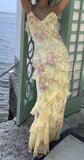 Elegant Mermaid Spaghetti Straps Yellow Chiffon Long Lace Prom Dresses Evening Dress HZ1024