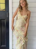 Elegant Mermaid Spaghetti Straps Yellow Chiffon Long Lace Prom Dresses Evening Dress HZ1024