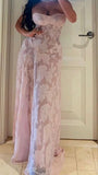 Elegant Sheath Spaghetti Straps Pink Lace Long Prom Dresses Evening Gowns HZ1024