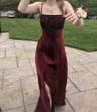 Elegant A line Spaghetti Straps Burgundy Long Slit Prom Dresses Evening Gowns HZ1024