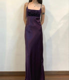 Elegant A line Spaghetti Straps Grape Long Satin Prom Dresses Evening Gowns HZ1024