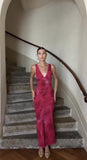 Elegant Sheath V Neckline Hot Pink Floral Lace Long Prom Dresses Evening Gowns HZ1024