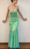Vintage Mermaid Spaghetti Straps 90s Green Prom Dresses Evening Gowns With Beads HZ1024