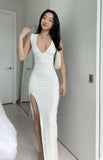 Gorgeous Sheath V Neckline White Long Prom Dresses Evening Dress HZ1024