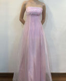 Vintage A Line Spaghetti Straps 90s Pink Tulle Prom Dresses Evening Gowns HZ1024