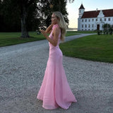Gorgeous Mermaid High Neckline Pink Slit Tulle Long Prom Dresses Evening Dress HZ1024