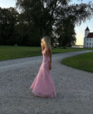 Gorgeous Mermaid High Neckline Pink Slit Tulle Long Prom Dresses Evening Dress HZ1024