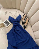 Vintage A Line Spaghetti Straps Royal Blue Long Prom Dresses Evening Gowns HZ1024