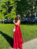 Cheap A Line Spaghetti Straps Red Backless Long Prom Dresses Wedding Guest Dress HZ1024
