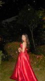 Modest Ball Gown Strapless Red Satin Long Prom Dresses Evening Dress HZ1024