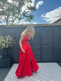 Modest A Line Straps Red Satin Slit Long Prom Dresses Evening Dress HZ1024