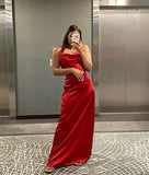 Modest A Line Halter Red Satin Long Prom Dresses Evening Dress HZ1024