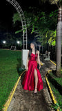 Modest A Line Sweetheart Red Satin Long Slit Prom Dresses Evening Dress HZ1024
