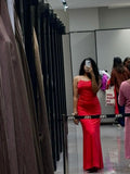Modest Mermaid Spaghetti Straps Backless Red Long Prom Dresses Evening Dress HZ1024