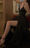 Modest A Line Spaghetti Straps Backless Black Long Prom Dresses Evening Dress HZ1024